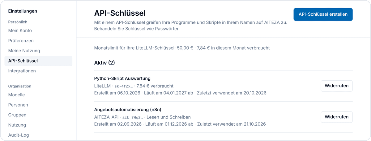 Die Seite API-Schlüssel mit zwei aktiven Schlüsseln