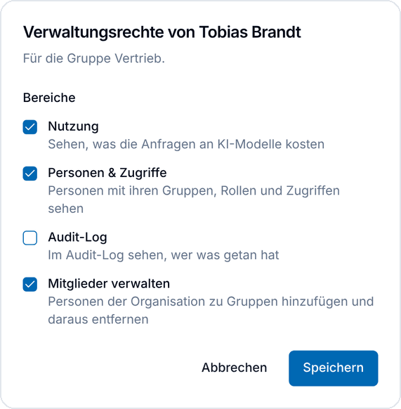 The Admin rights dialog for a group admin of the Sales group
