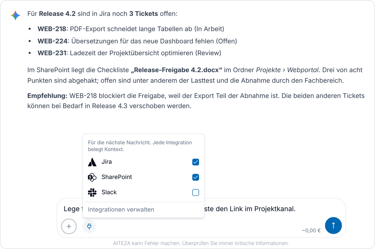Chat mit geöffneter Auswahl der Integrationen Jira, SharePoint und Slack