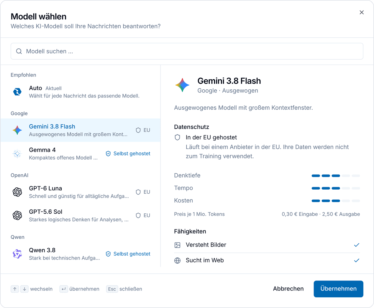 Der Dialog Modell wählen mit den Details zu Gemini 3.8 Flash