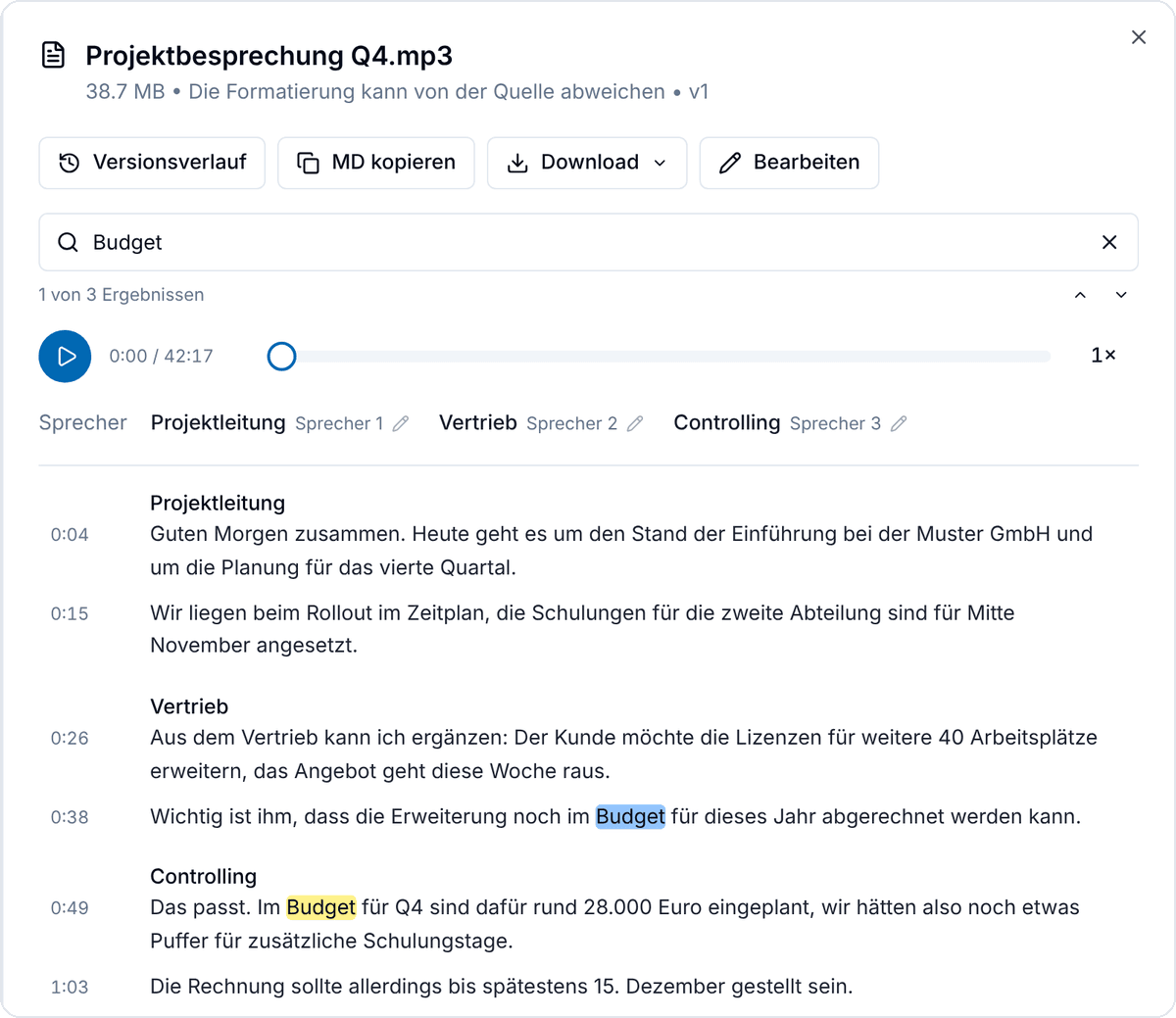 Transkript einer Projektbesprechung mit Player, Sprechern und hervorgehobenen Suchtreffern